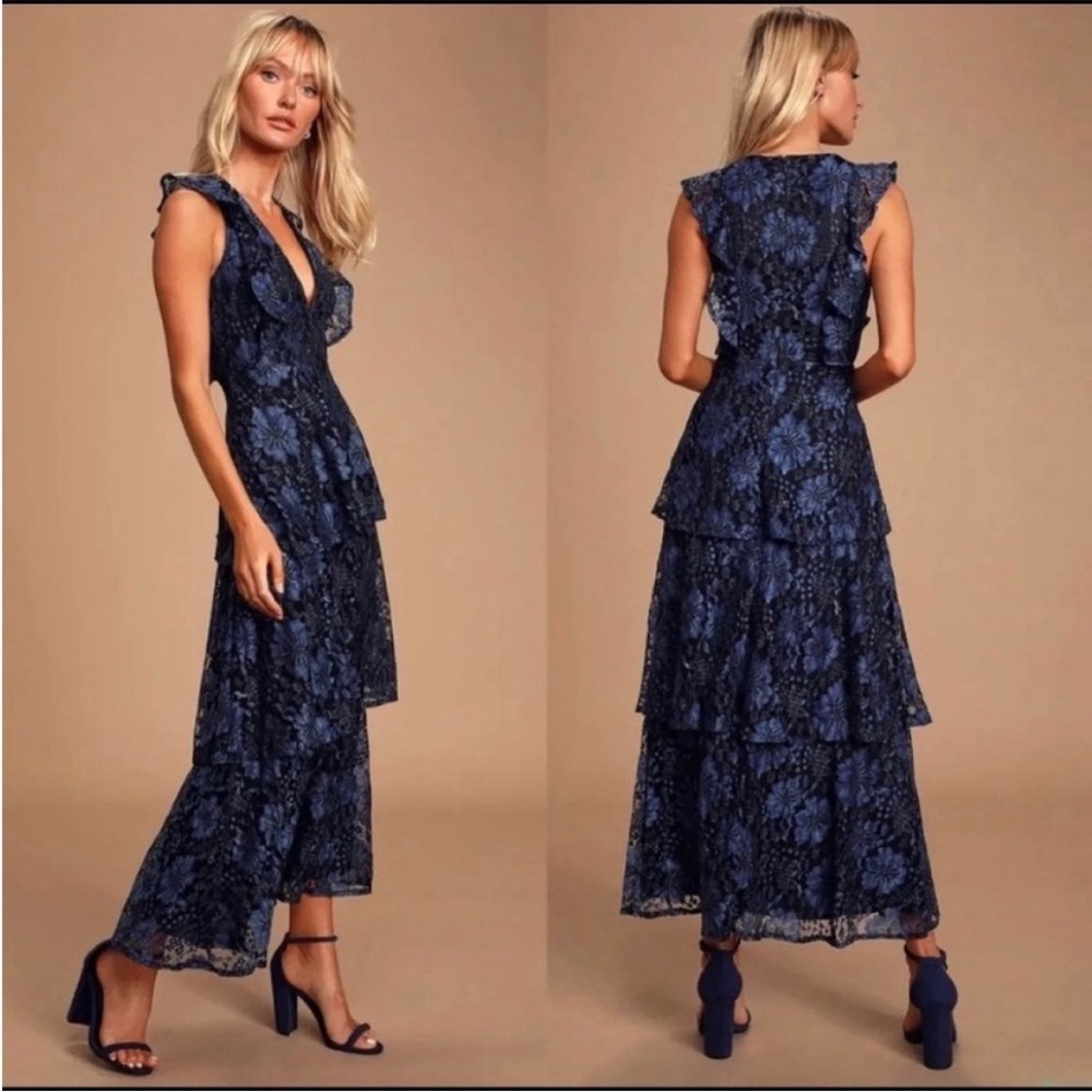 Lulus Navy Blue Molinetto Lace Ruffled Tiered Maxi Dress